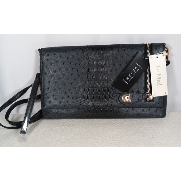 LE MIEL Vegan Leather Adjustable Crossbody Clutch Purse Dark Gray NEW - Picture 1 of 16